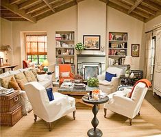 a living room filled with furniture and a fire place in the middle of a room