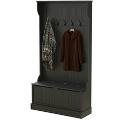 a coat rack with two coats hanging from it's sides and an open jacket on the other side