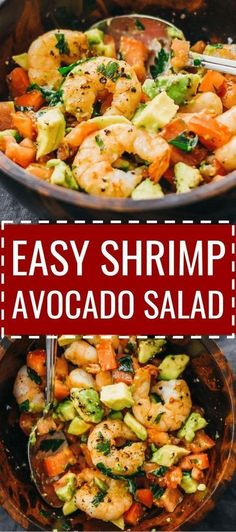 shrimp and avocado salad in a skillet with the words easy shrimp and avocado salad