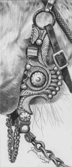 a pencil drawing of a horse's bridle with a clock on it