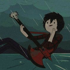 a cartoon character is playing an electric guitar in the rain with a skull hanging from his neck