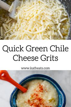 quick green chile cheese grits recipe in a blue bowl with red spoon and text overlay