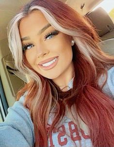 Red Hair Color With Blonde Money Piece, Red Fall Hair With Money Piece, Red With Money Piece Hair, Red Hair With Platinum Money Piece, Red Hair Color With Money Piece, Red And Blonde Money Piece, Bright Red Hair With Blonde Money Piece, Blonde Money Piece Red Hair, Red Hair With Blonde Front Pieces