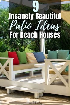 an outdoor patio with white furniture and colorful pillows on the couches is featured in this post