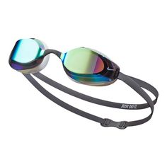 a pair of swimming goggles with mirrored lenses on the side and black strap around it