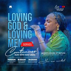 a woman singing into a microphone with the words loving god and loving men on it