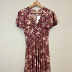 Floral High Low Wrap Dress / S Purple Fitted Casual Midi Dress, Fitted Purple Midi Dress Casual Style, Casual Fitted Purple Midi Dress, Lavender Floral Print Short Sleeve Dress, Fitted Mauve Floral Print Dress, Purple Short Sleeve Maxi Dress, Mauve V-neck Midi Dress For Spring, Mauve Short Sleeve Dress For Spring, Short Sleeve Mauve Dresses For Spring