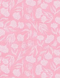 a pink background with white flowers and leaves on the top, in an allover pattern