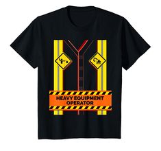 a black t - shirt with an orange caution sign and the words heavy equipment operator