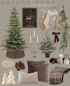 a christmas tree, stockings, candles and other items are arranged in a collage