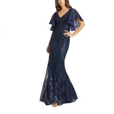 New With Tag Mac Duggal Embellished Lace Flutter Sleeve Trumpet Gown Color: Midnight Navy Size: 8 Approx Measurements Laying Flat: Armpit To Armpit: 17 1/2” Waist: 14 1/4” Front Length: 59” Back Length: 67” Embellished Lace Fabric (100% Polyester) Partially Lined Bodice; Fully Lined Skirt; Sheer Unlined Sleeves V-Neckline Short Flutter Sleeves Sweeping Train Concealed Back Zipper Approx. 62.5" From Top Of Shoulder To Bottom Hem P8-2 12-2 B-7 1 Short Sleeve Lace Dress, Formal Shorts, Evening Gowns With Sleeves, Chiffon Shawl, Mac Duggal Dresses, Trumpet Gown, Trumpet Skirt, Unique Prom Dresses, Mac Duggal