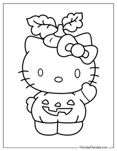 the hello kitty pumpkin coloring page is shown in black and white, with leaves on it