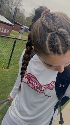 Two dutch crossover braids into one high braid Two Braids Front Of Hair, Cute Braids For Sports, Dutch Braid Hairstyles For Softball, Crossover Braids Hairstyles, Cute Braided Up Hairstyles, Up Hairstyles Sports, Braided Running Hairstyles, Two Braids Hairstyle Half Up Half Down, Vb Hair Styles Easy