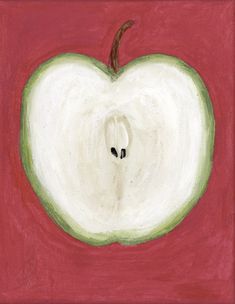 an apple painted in white and green on a red background