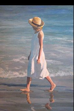 a painting of a woman walking on the beach in a white dress and straw hat