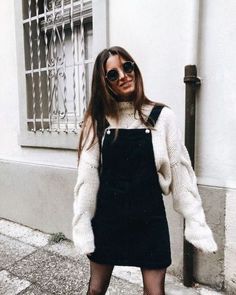 8 Ways To Wear Your Denim You’re Gonna Love Sundress Winter Outfits, Dresses And Tights, White Cable Knit Sweater, Outfit Inspiration Women, Jeans Overall, Denim Overall Dress, Transition Outfits, Mode Inspo