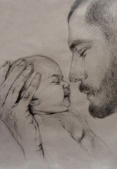 a drawing of a man holding a baby in his arms and kissing it's face