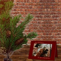 a christmas card with a pine tree in front of a brick wall and wooden floor