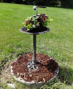 a potted plant sitting on top of a metal stand in the middle of grass