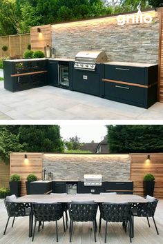 an outdoor kitchen and dining area is shown in two different photos, one with the grill on