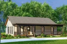 this is an artist's rendering of a small cabin style house with porches