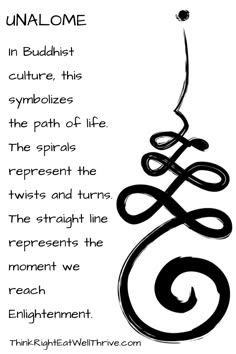 a black and white image with the words unalome in cursive, this symbolizes the path of life spirals