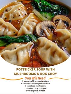 Clear Broth Soups, Potsticker Soup, Pescatarian Food, Broth Soups, Frozen Potstickers, Soup With Mushrooms, Heavenly Recipes, Fried Recipes, Cooking For 2