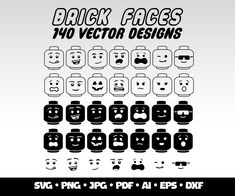 black and white faces with different expressions for the text, which is also in various font styles