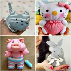 there are four different stuffed animals in the pictures, each with a cat and bunny