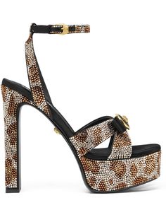 camel brown/black buckle-fastening ankle strap animal pattern crystal embellishment 140mm block heel bow detailing Medusa Head motif round open toe branded leather insole platform sole Leopard Sandals, Versace Gold, Sandals Brown, Medusa Head, Iconic Bags, Demi Fine Jewelry, Brown Sandals, Flat Boots, Crystal Embellishment