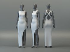 three mannequins are standing in front of each other wearing white and black dresses