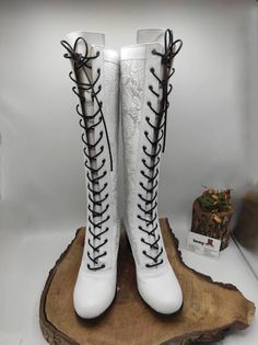 This is handmade genuine leather custom made Victorian style women's boots. ** İt will come with two different lace. Black and white. Every size avaialble.  Made with natural leather and special tapestry.  Boots high is apx. 16 inches 40 cm. There is heel 2.3 inches, 6 cm heel. Custom made. İf you need wider calf size please send us your calf circle measurements from widest part.  Door to door express shipping.  Handmade.  Made in Turkey.  Top quality materials used.  Very comfy.  İf you have an White Leather High Heel Knee-high Boots, White Leather Fitted Mid-calf Boots, Fitted White Leather Mid-calf Boots, White Leather Knee-high Boots With Snip Toe, White Leather Knee-high Boots With Round Toe, Leather Heeled Boots With Laces And Round Toe, White Leather Wedge Boots With Round Toe, White Leather Closed Toe Martin Boots, Leather High Heel Boots With Laces