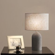 Modern Drum Nightstand Lamp: Fabric Shade Grey Cement Base Modern Table Lamp Design, Cement Table, Grey Table Lamps, Nightstand Lamp, Viria, Lamp Modern, Fabric Lampshade, Handmade Lighting, Table Lamp Design