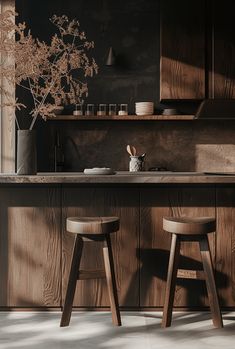 two wooden stools in front of a kitchen counter