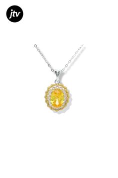 Rhodium over sterling silver oval citrine and white sapphire halo design pendant with chain. Halo Design, Halo Pendant, Pendant With Chain, White Sapphire, Citrine, Halo, Sapphire, Sterling Silver, Chain