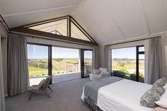 a large bedroom with sliding glass doors leading to the outside