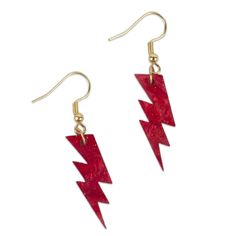 pair of red lightning earrings on white background