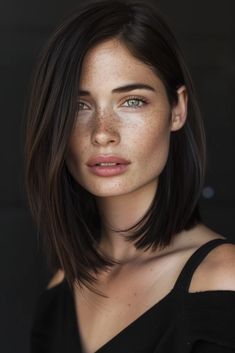 Light Brown Hair With Freckles, Cooler Brown Hair, Hair Color Ideas For Dark Skin Tone, Cool Toned Brunette Hair Color, Straight Brown Hair Balayage, Cool Brown Hair Color Dark, Dark Hair Lob, Dark Lob, Brunette Summer Hair Color