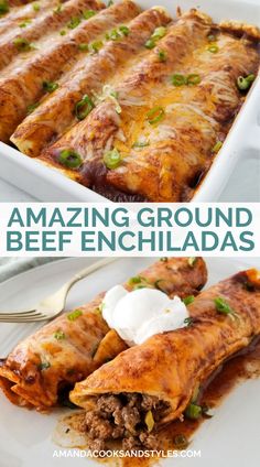 an enchilada with meat and sour cream on top is shown in two different pictures