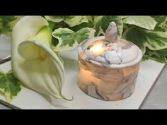 a white flower sitting next to a lit candle on top of a table with green leaves