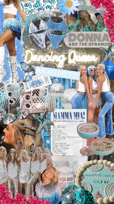 the collage is made up of many different pictures and words, including two women in white