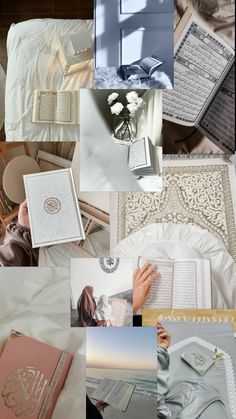 a collage of photos with books and flowers on the bed, including an open book