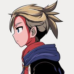 an anime character with blonde hair wearing a red scarf and black jacket, looking to the side