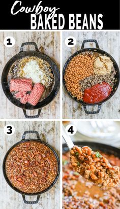 the steps to make baked beans in a skillet with meat and cheese on top