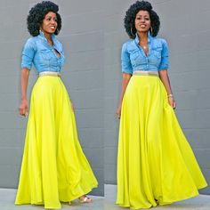 Fitted Denim Shirt x Neon Maxi Skirt.    Click link in bio for 'fit details. Neon Maxi Skirt, Yellow Skirt Outfits, Fitted Denim Shirt, Woman Suit, Maxi Skirt Style, Maxi Skirt Outfits, Yellow Skirt, Skirt Outfit