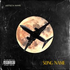 an airplane flying in front of a full moon with the words song name written on it