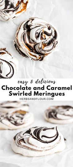 chocolate and caramel swirl meringue cookies on white paper with text overlay