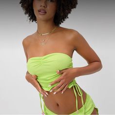 New Without Tags Neon Green Frankie’s Bikini’s Tube Top Style With Skirt Style Bottom Spring Beachwear Tube Top For Pool, Beachwear Halter Neck Tube Top For Summer, Strapless Stretch Tankini For Spring, Spring Sleeveless Swimwear With Drawstring, Green Beachwear Crop Top For Spring, Spring Strapless Stretch Tankini, Green Crop Top For Spring Beachwear, Green Summer Tankini For Party, Stretch Summer Tube Top For Poolside