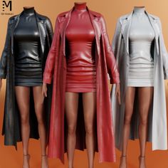 three female mannequins in leather dresses and coats, all standing side by side