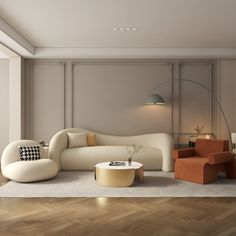 a living room filled with furniture next to a wall mounted lamp and wooden flooring